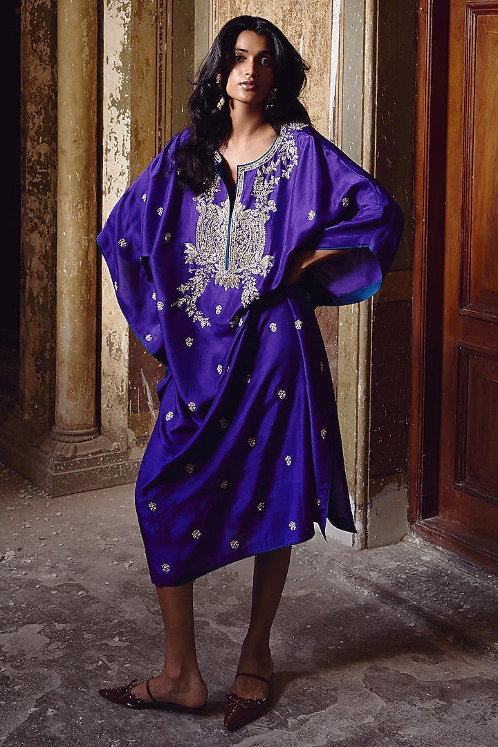 Purple Dupion Silk Embroidered Kaftan Set by Anushree Reddy at Pernia's Pop Up Shop