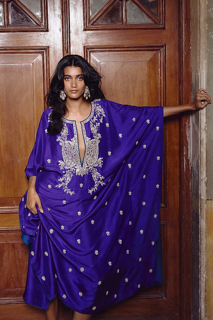 Purple Dupion Silk Embroidered Kaftan Set by Anushree Reddy at Pernia's Pop Up Shop