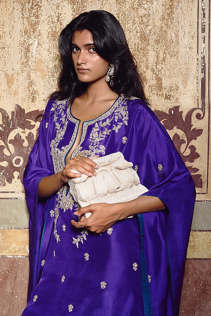 Purple Dupion Silk Embroidered Kaftan Set by Anushree Reddy at Pernia's Pop Up Shop