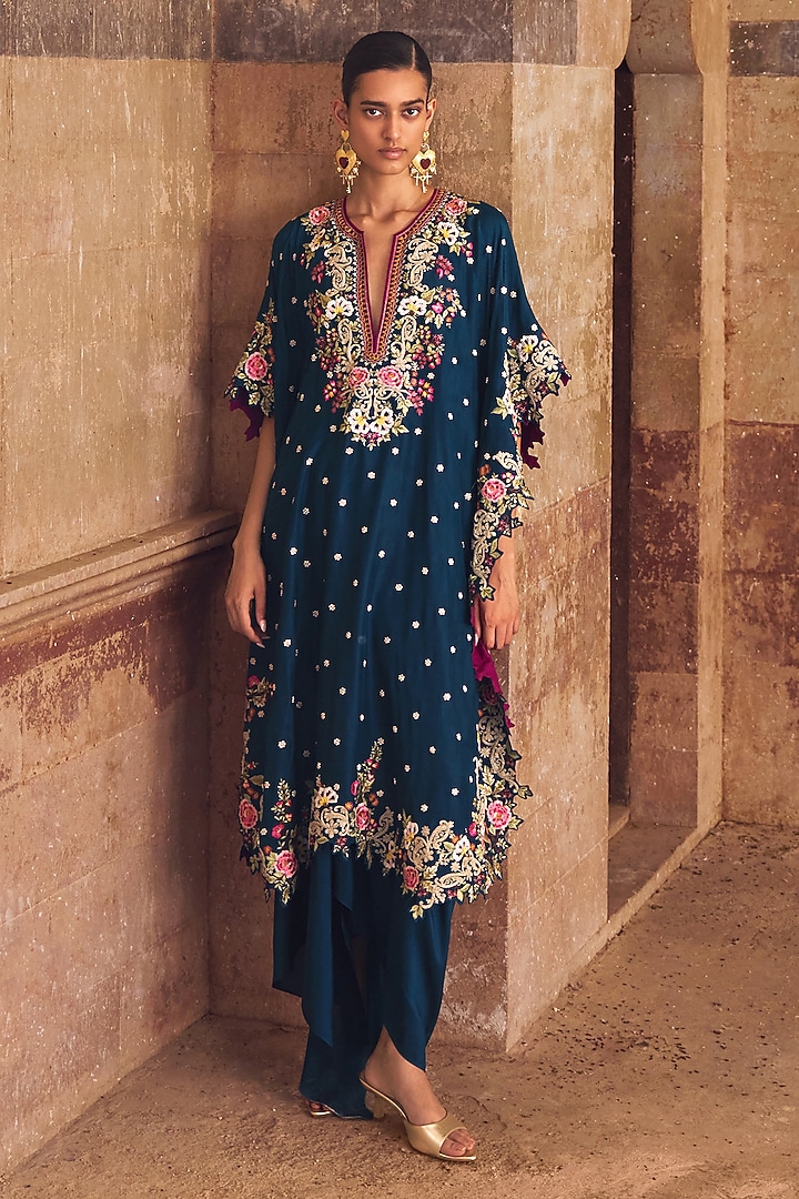 Peacock Blue Dupion Silk Embroidered Kaftan Set by Anushree Reddy at Pernia's Pop Up Shop