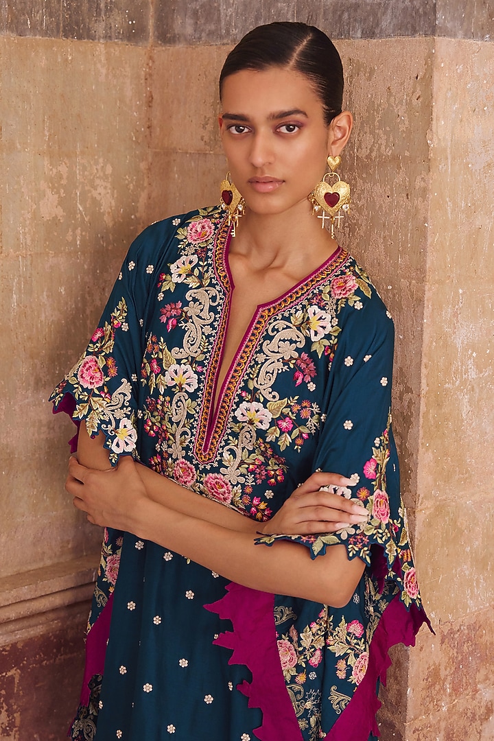 Peacock Blue Dupion Silk Embroidered Kaftan Set by Anushree Reddy at Pernia's Pop Up Shop