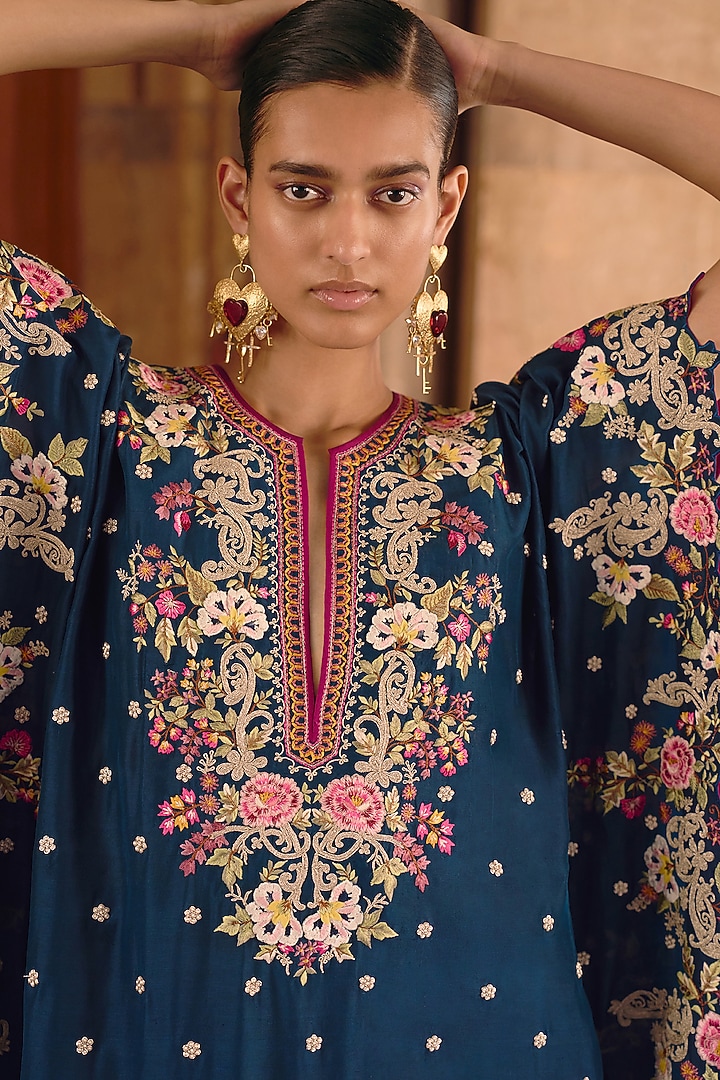 Peacock Blue Dupion Silk Embroidered Kaftan Set by Anushree Reddy at Pernia's Pop Up Shop