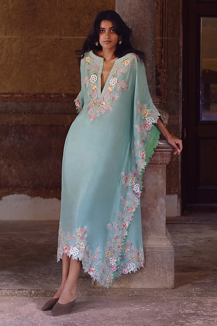 Sea Blue Dupion Silk Embroidered Kaftan Set by Anushree Reddy at Pernia's Pop Up Shop