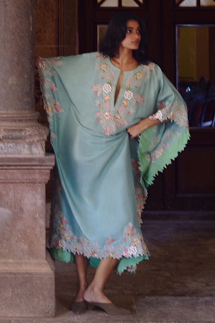 Sea Blue Dupion Silk Embroidered Kaftan Set by Anushree Reddy at Pernia's Pop Up Shop