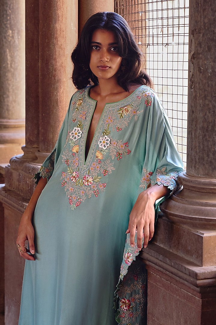 Sea Blue Dupion Silk Embroidered Kaftan Set by Anushree Reddy at Pernia's Pop Up Shop