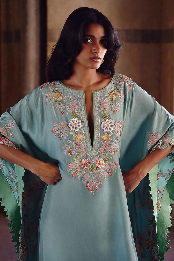 Sea Blue Dupion Silk Embroidered Kaftan Set by Anushree Reddy at Pernia's Pop Up Shop