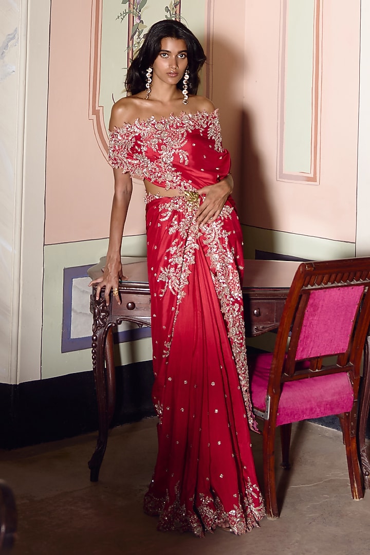 Red Dupion Silk Zardosi Embroidered Bridal Saree Set by Anushree Reddy at Pernia's Pop Up Shop