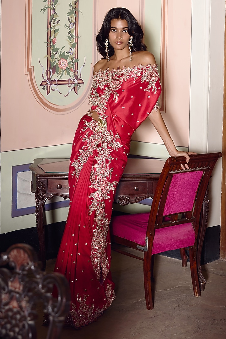 Red Dupion Silk Zardosi Embroidered Bridal Saree Set by Anushree Reddy at Pernia's Pop Up Shop