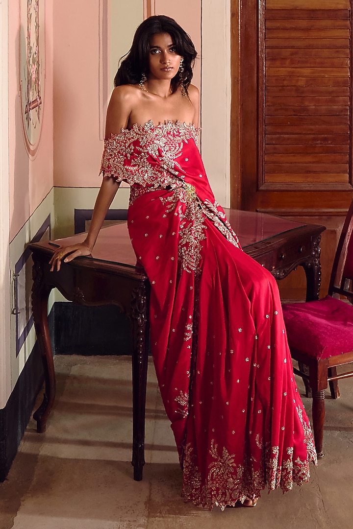 Red Dupion Silk Zardosi Embroidered Bridal Saree Set by Anushree Reddy at Pernia's Pop Up Shop