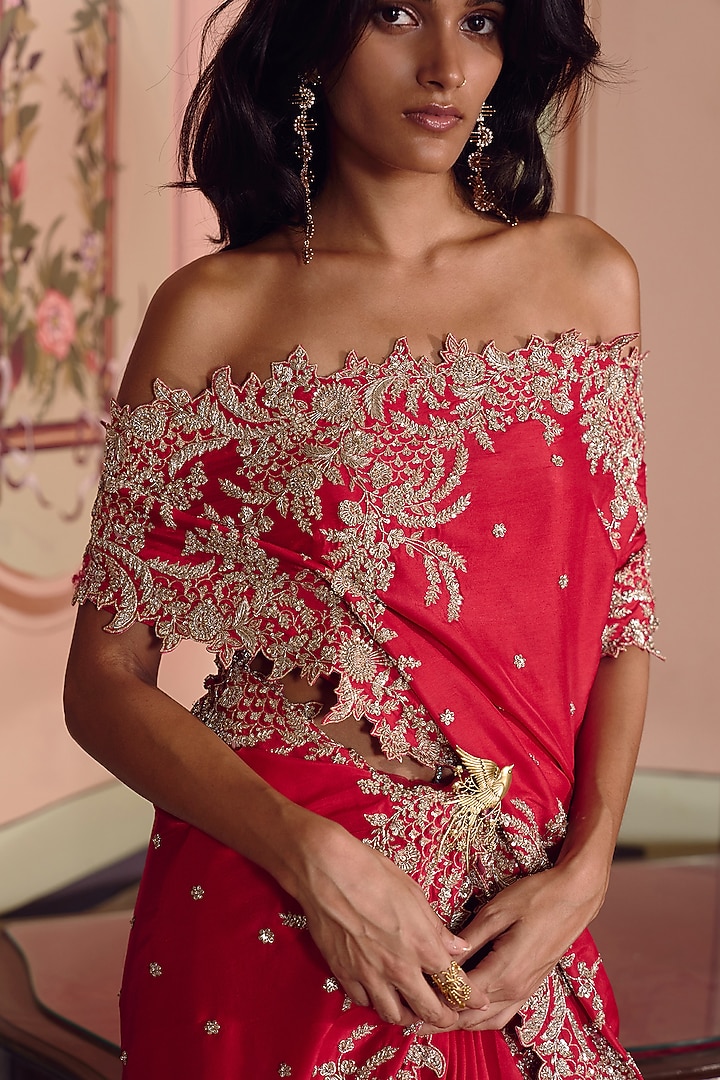 Red Dupion Silk Zardosi Embroidered Bridal Saree Set by Anushree Reddy at Pernia's Pop Up Shop