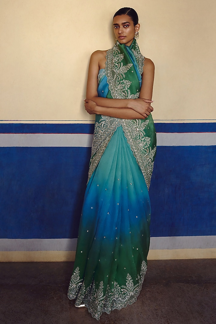 Blue & Green Organza Embroidered Bridal Saree Set by Anushree Reddy at Pernia's Pop Up Shop