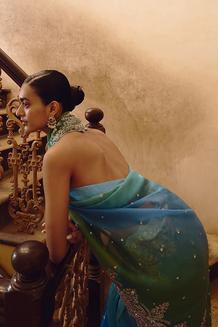 Blue & Green Organza Embroidered Bridal Saree Set by Anushree Reddy at Pernia's Pop Up Shop