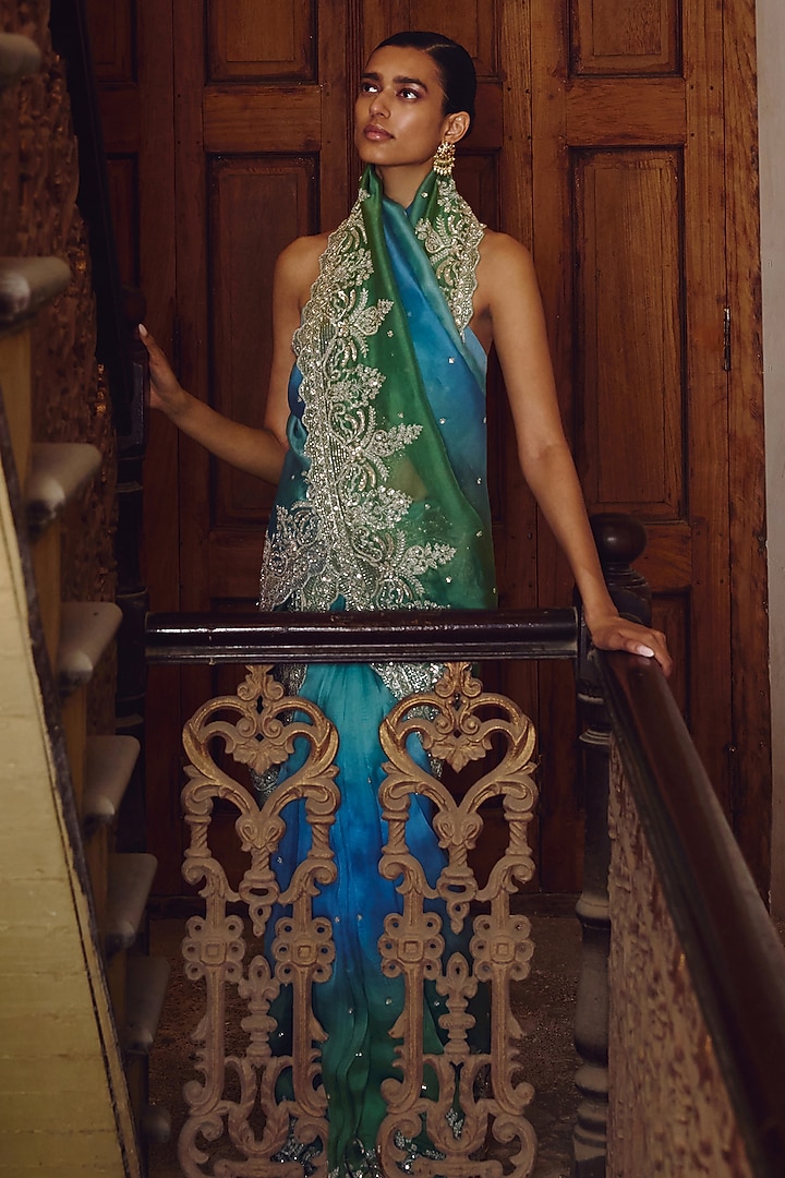 Blue & Green Organza Embroidered Bridal Saree Set by Anushree Reddy at Pernia's Pop Up Shop