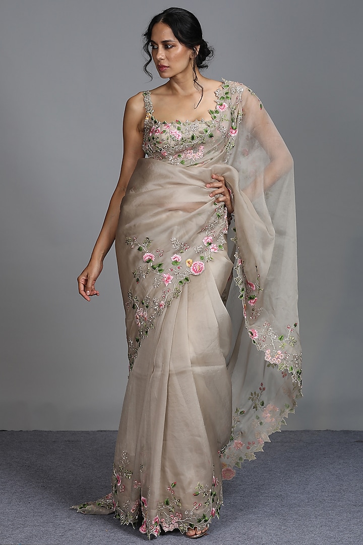Ivory Floral Embroidered Saree Set by Anushree Reddy