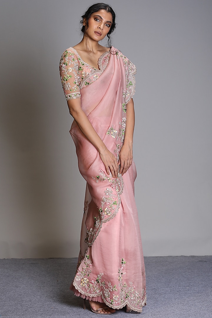 Rose Pink Embroidered Saree Set by Anushree Reddy