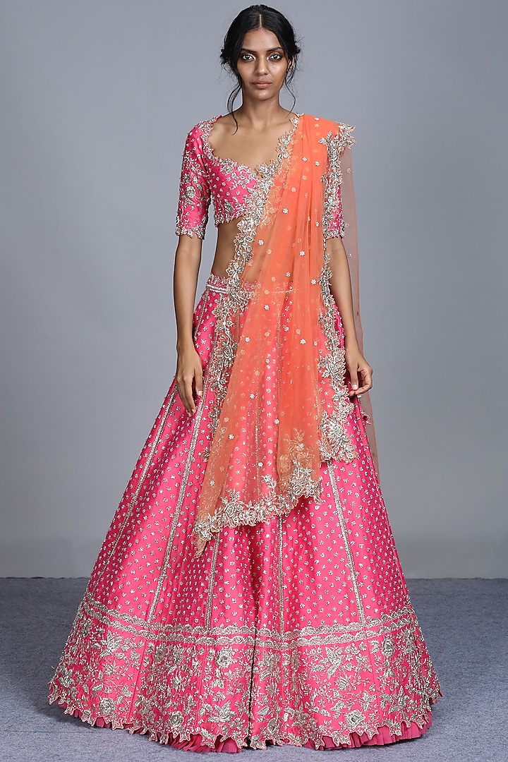 Pink & Orange Embroidered Lehenga Set by Anushree Reddy