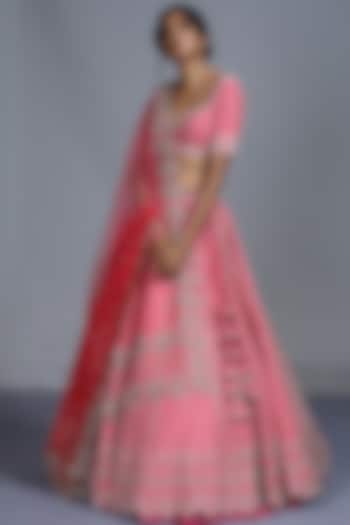 Pink Embroidered Silk Lehenga Set by Anushree Reddy