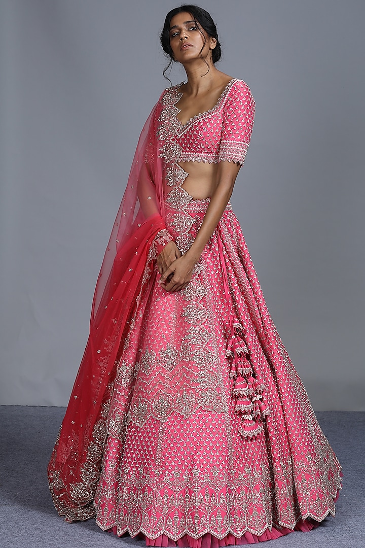 Pink Embroidered Silk Lehenga Set by Anushree Reddy