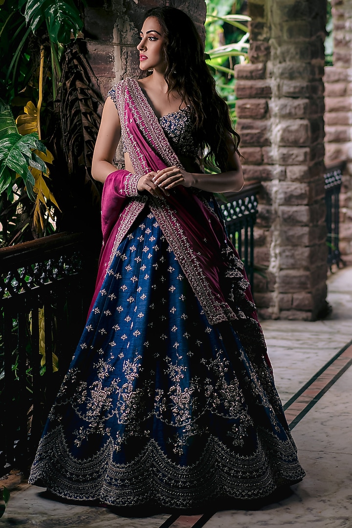 Navy Blue Embroidered Bridal Lehenga Set by Anushree Reddy at Pernia's Pop Up Shop