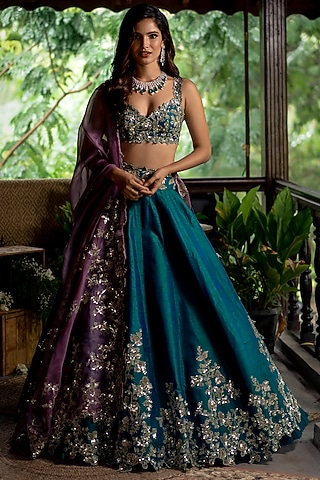 Emerald Green Embroidered Lehenga Set by Anushree Reddy