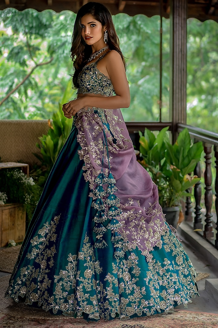Emerald Green Embroidered Bridal Lehenga Set by Anushree Reddy at Pernia's Pop Up Shop