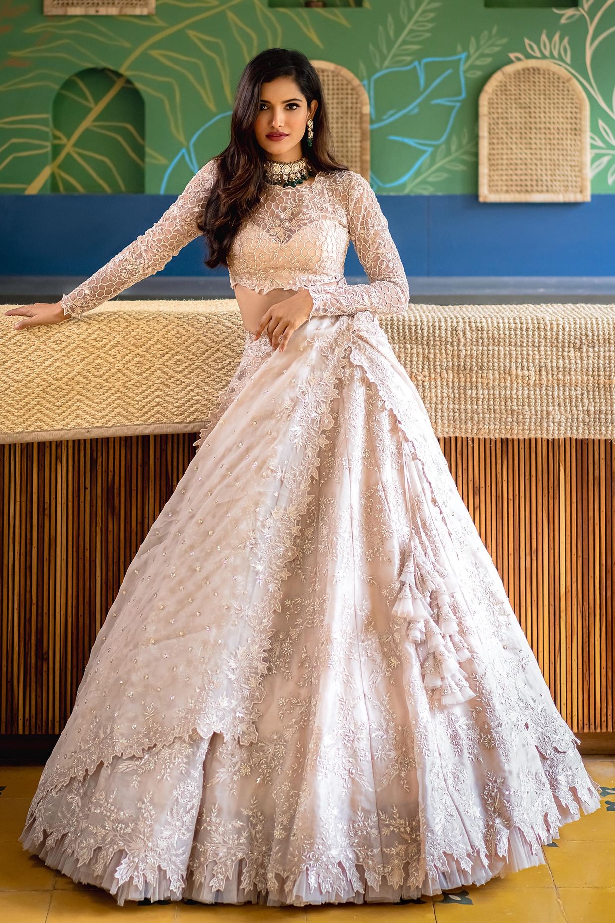 A beautiful peach pearl raw silk high waisted lehenga with elegant tone on  tone floral embroidery all over teamed… | Indian fashion, Indian dresses, Lehenga  designs