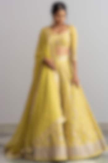 Yellow Chiffon Sequins Embroidered Lehenga Set by Anushree Reddy