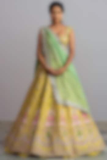 Yellow Thread Embellished Scalloped Lehenga Set by Anushree Reddy