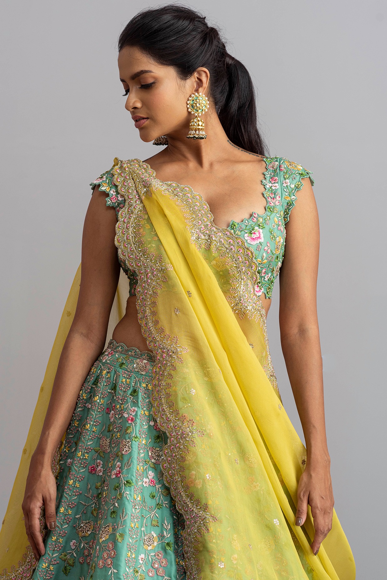 Buy Yellow Blouse Art Silk Patola Leaf Neck Lehenga Set For Women by  Samyukta Singhania Online at Aza Fashions.