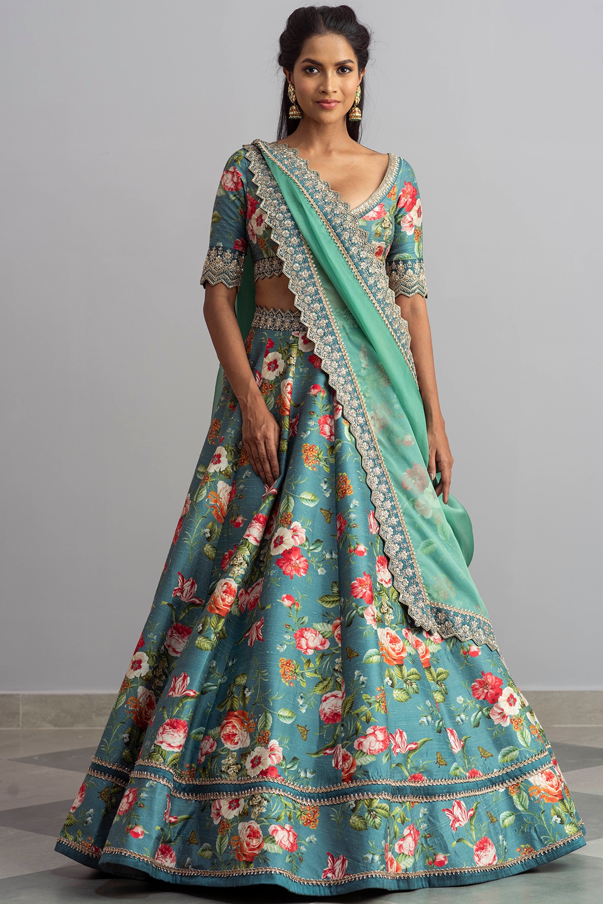 Designer Pista Green Floral Printed Lehenga Choli