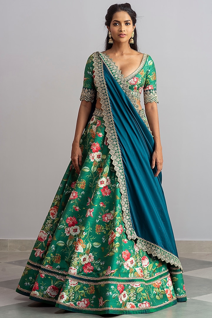 Emerald Green Floral Printed Lehenga Set by Anushree Reddy