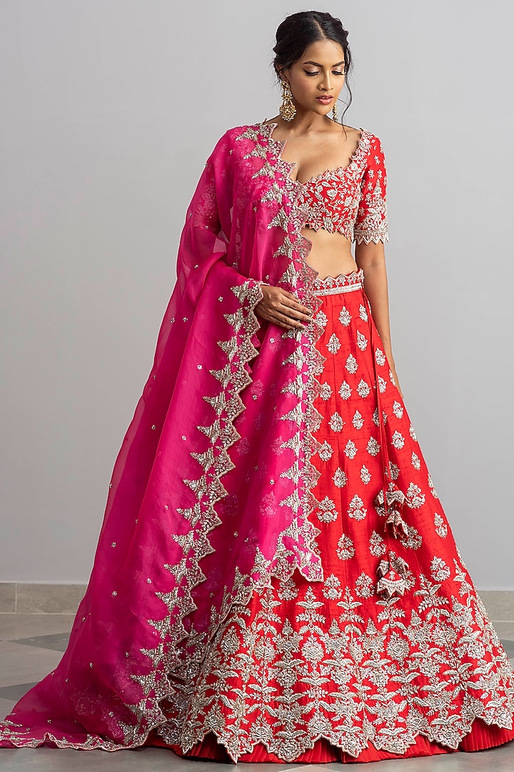 Red Raw Silk Lehenga Set With Motifs by Anushree Reddy