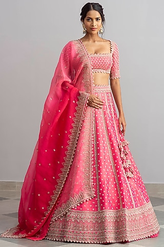 Candy Pink Raw Silk Lehenga Set With Temple Border by Anushree Reddy