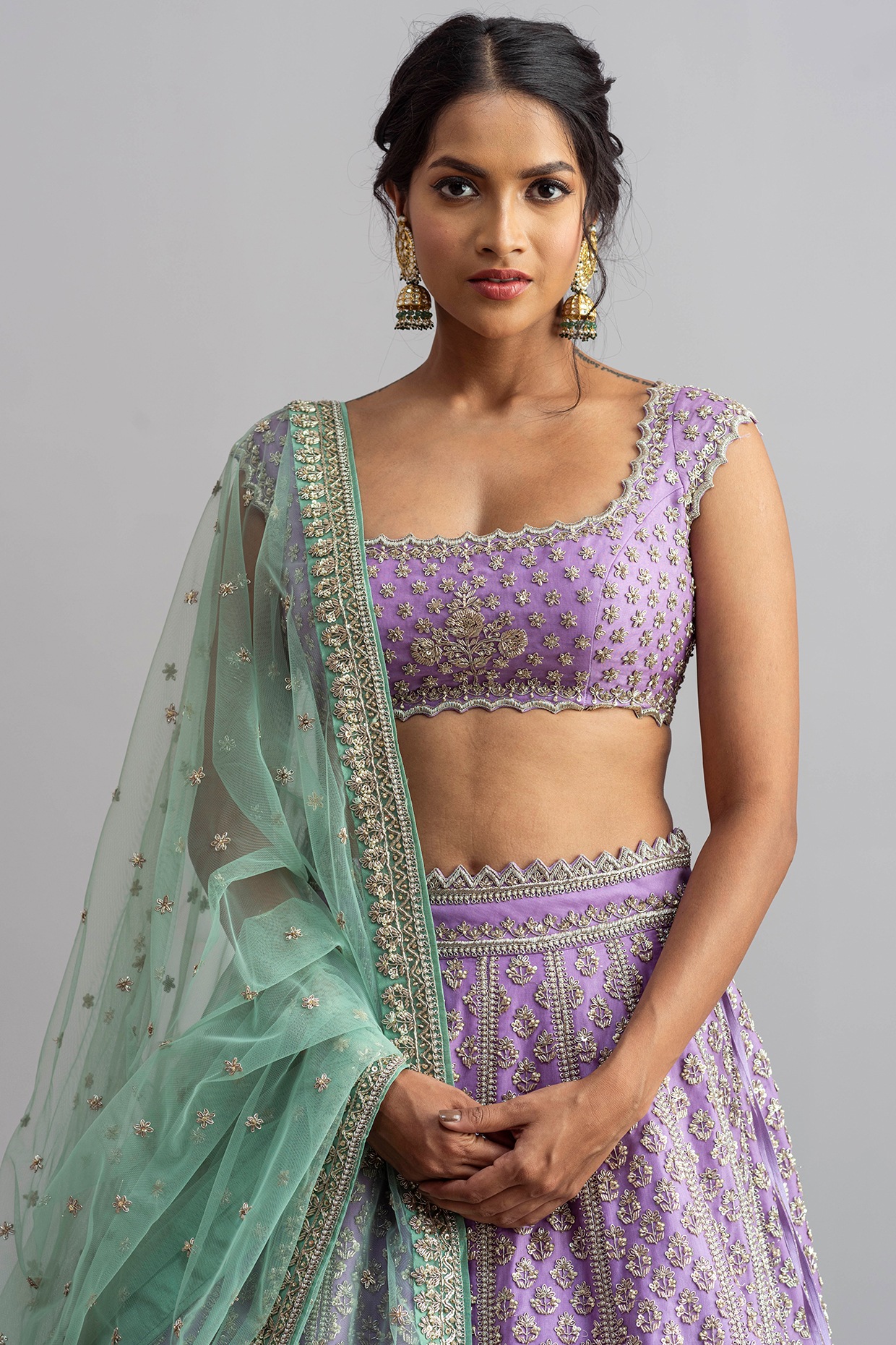 Sea Green Art Silk Thread With Sequins Embroidered Crop-Top