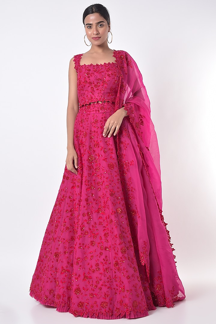 Candy Pink Embroidered Lehenga Set by Anushree Reddy