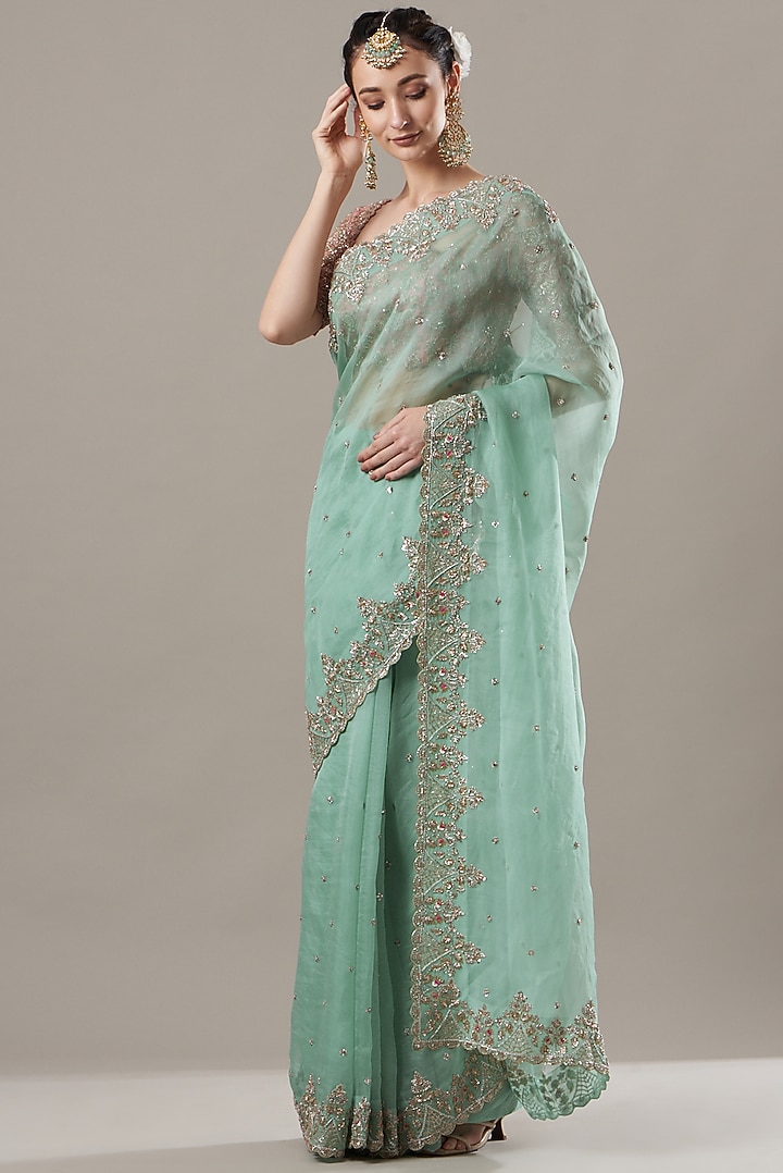 Powder Blue Embroidered Reception Saree Set by Anushree Reddy at Pernia's Pop Up Shop
