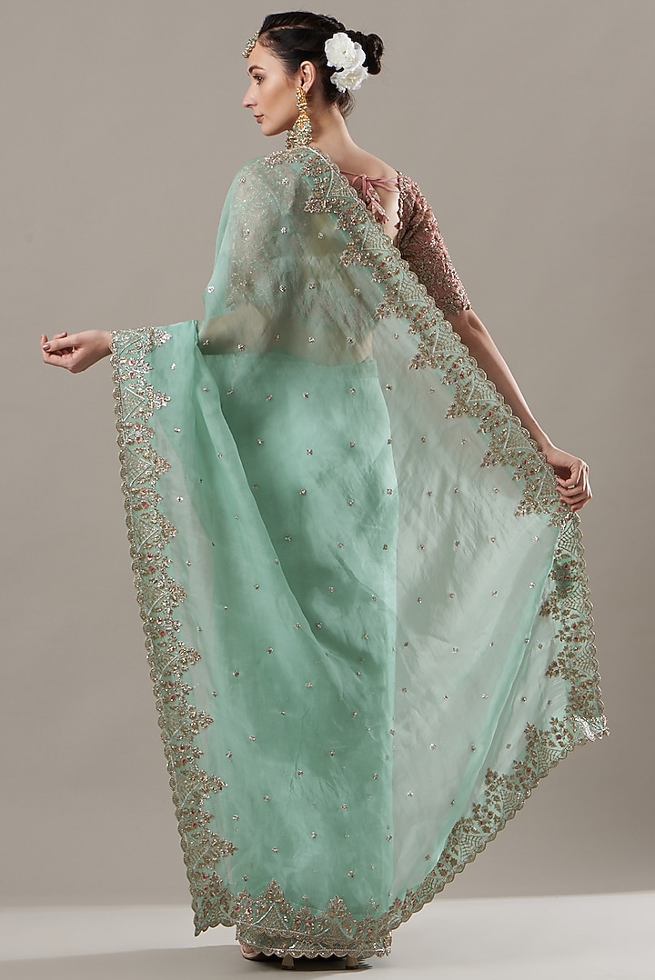Powder Blue Embroidered Reception Saree Set by Anushree Reddy at Pernia's Pop Up Shop