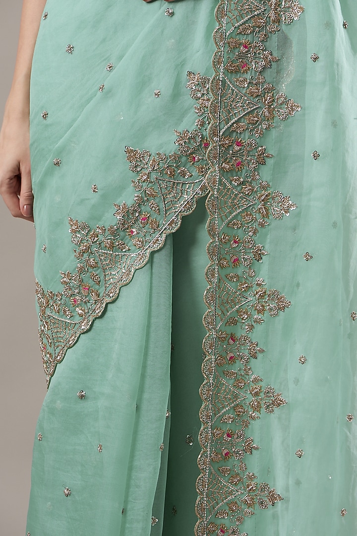 Powder Blue Embroidered Reception Saree Set by Anushree Reddy at Pernia's Pop Up Shop