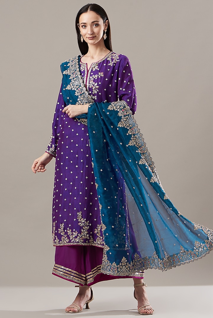 Purple & Blue Embroidered Kurta Set by Anushree Reddy