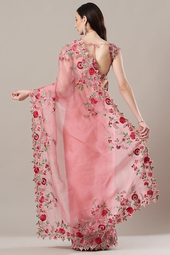 Pink Organza Embroidered Reception Saree Set by Anushree Reddy at Pernia's Pop Up Shop