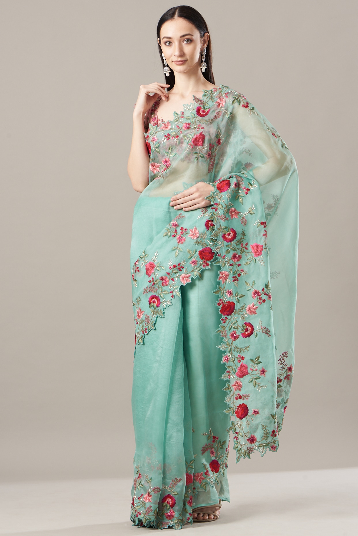 Sky Blue Embroidery Sequence Work Organza Saree in Pure Elegance - Ved