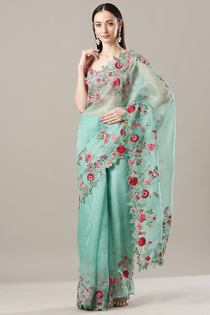 Powder Blue Organza Saree Set by Anushree Reddy at Pernia's Pop Up Shop