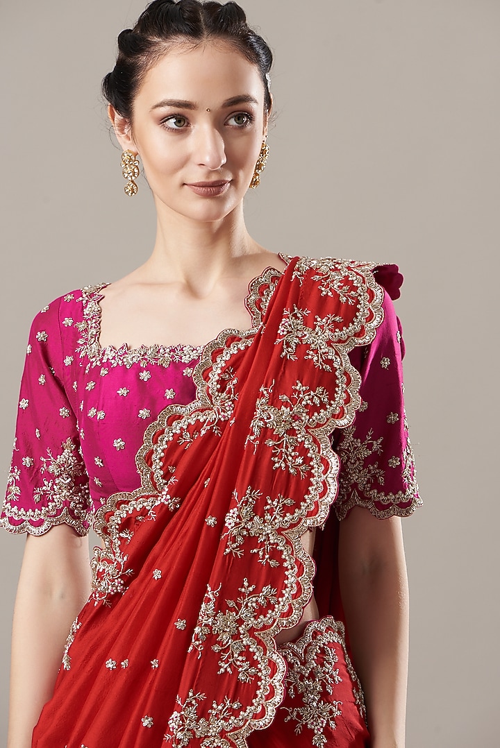 Maroon Embroidered Reception Saree Set by Anushree Reddy at Pernia's Pop Up Shop