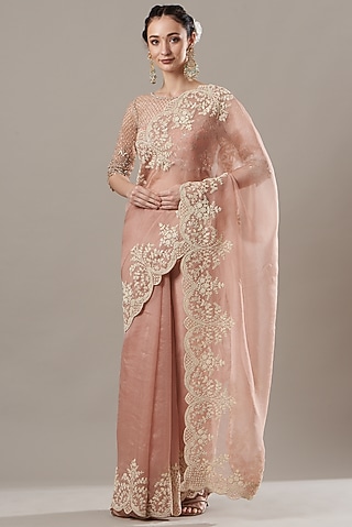 Blush Pink Embroidered Saree Set by Anushree Reddy