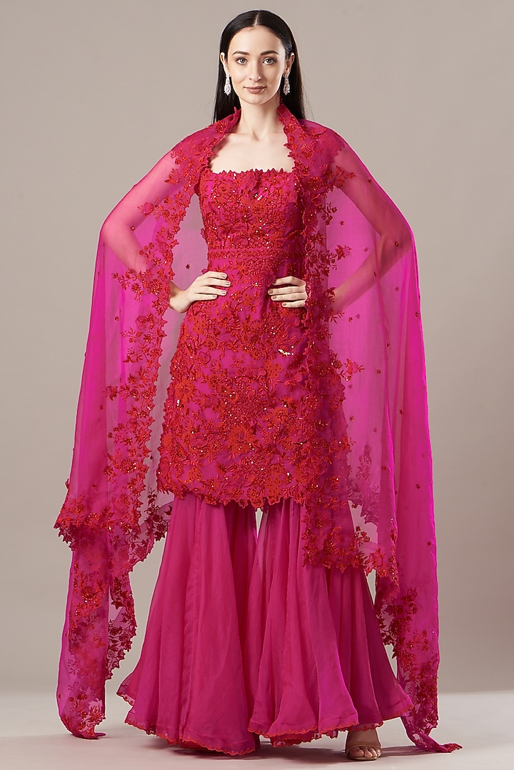 Red Crepe Bridal Sharara Set by Anushree Reddy at Pernia's Pop Up Shop