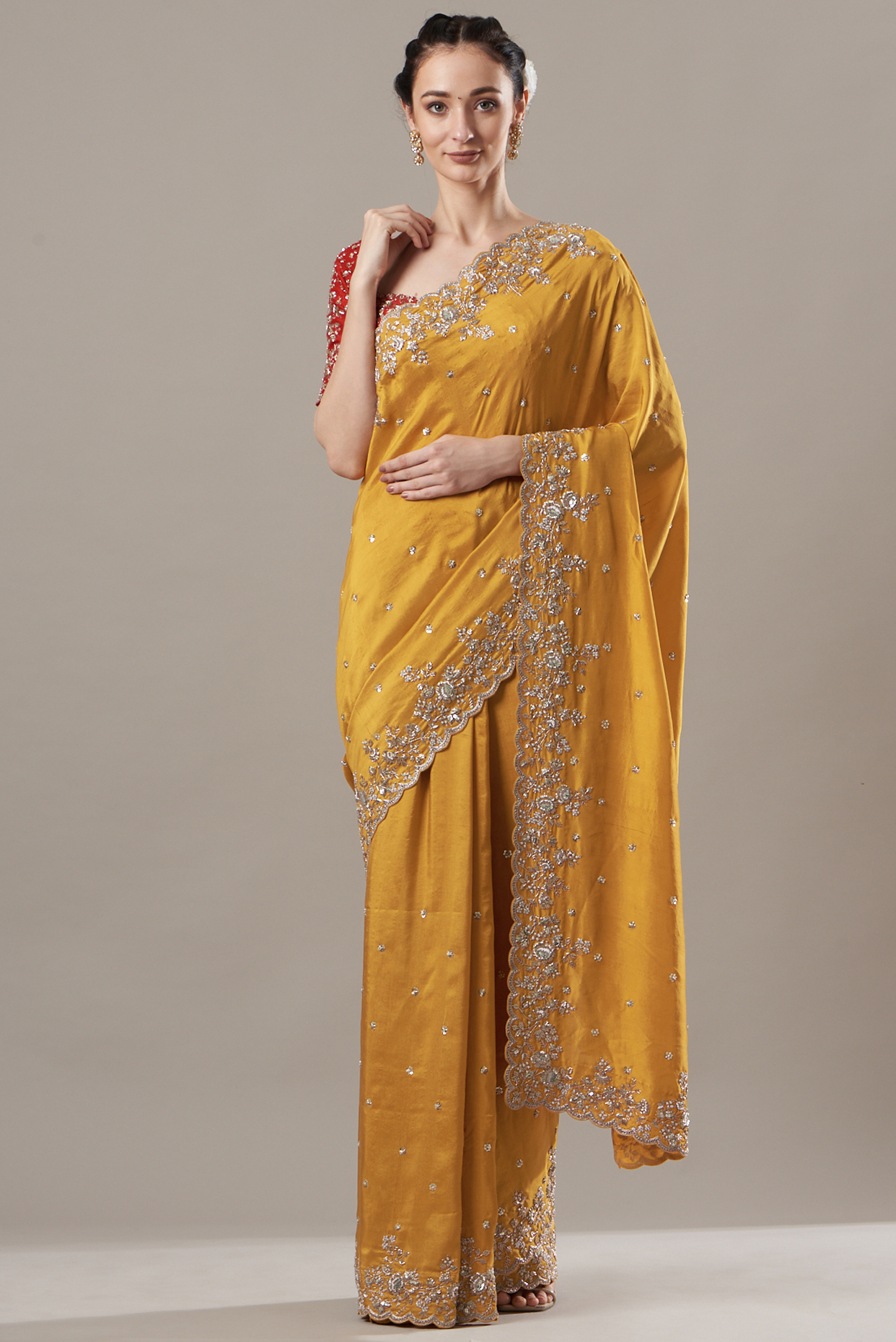 Yellow Embroidered Reception Saree Set by Anushree Reddy at Pernia's Pop Up Shop
