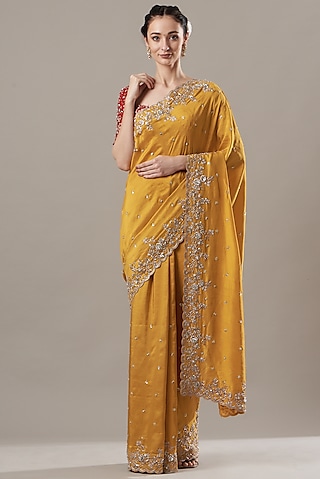Yellow Embroidered Saree Set by Anushree Reddy