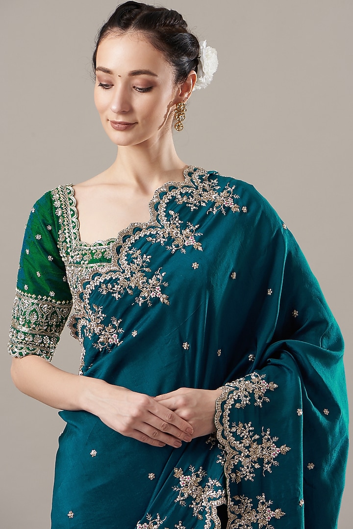 Midnight Blue Embroidered Reception Saree Set by Anushree Reddy at Pernia's Pop Up Shop