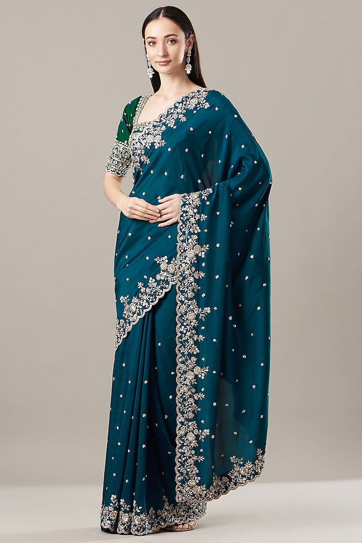 Blue Embroidered Saree Set by Anushree Reddy