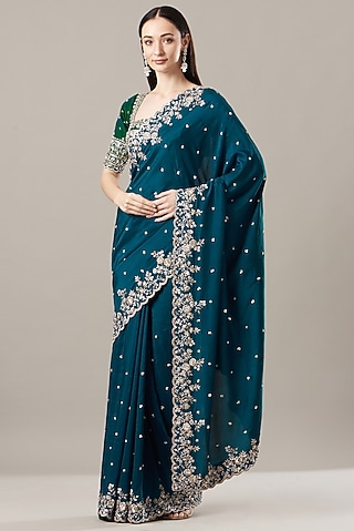 Blue Embroidered Saree Set by Anushree Reddy